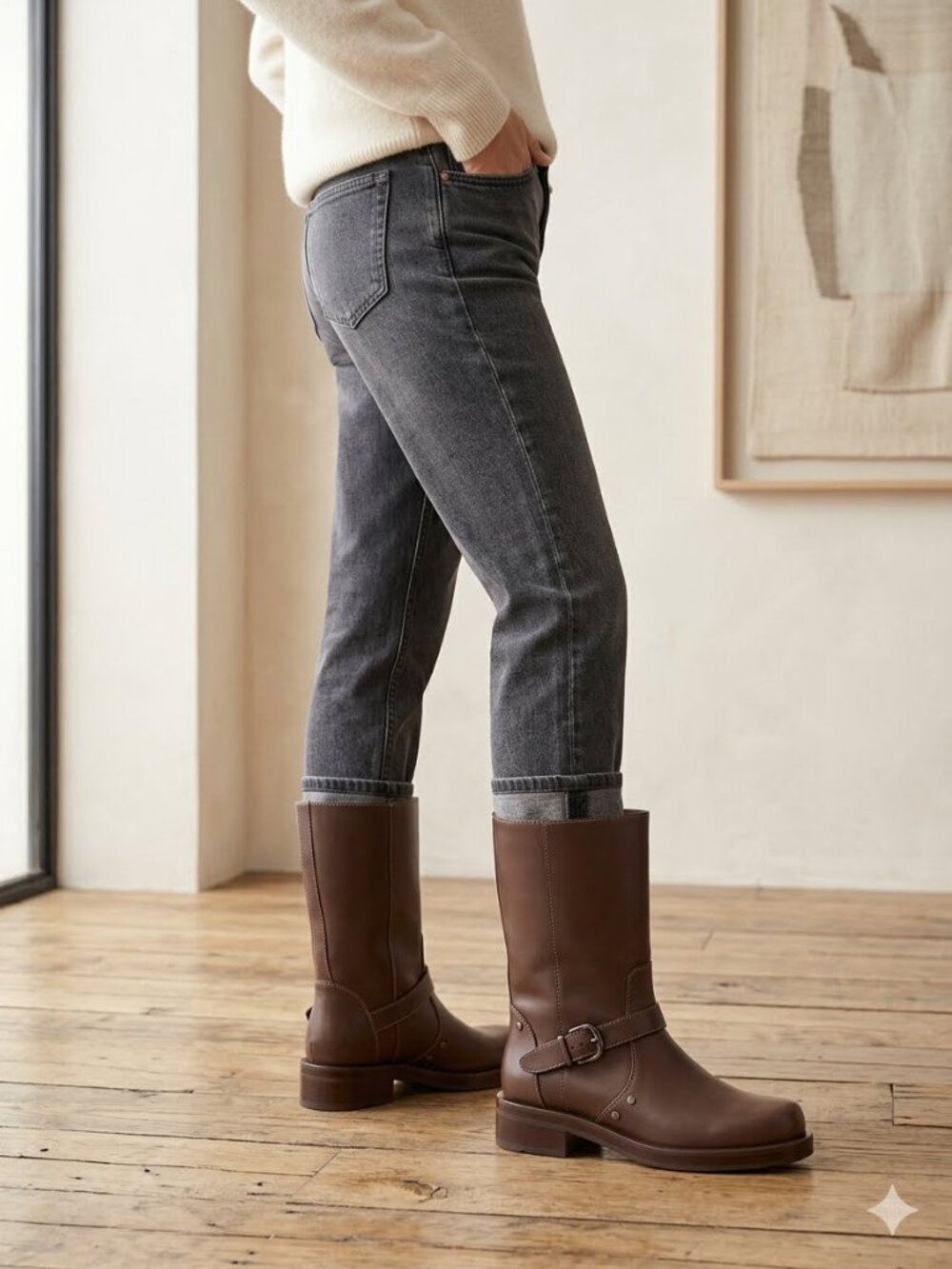 NIB/NWT Stuart Weitzman Maverick Walnut Calf Leather Mid-Calf Moto Boots sz 8.5